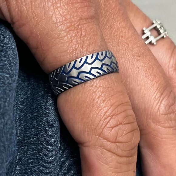 Blue Tire Ring, Stainless Steel Men's Band Solid Light Weight Feel - Picture 5 of 8